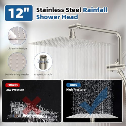 12" Metal Rainfall Shower Head with 10-Mode Handheld, Brushed Nickel | NSF/ANSI/CAN 372 Certified, High Pressure Showerhead Combo with 11" Adjustable Shower Arm, 71" Hose, Shower Head Holder - color: Brushed Nickel, style: Square 12"