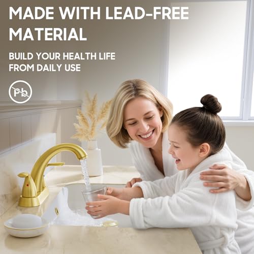 Brushed Gold 4 Inch Centerset 2 or 3 Holes 2 Handle Bathroom Faucet, Bathroom Faucet with Copper Pop Up Drain and Water Supply Lines, BF008-5-BG - color: Brushed Gold, style: 1 Pack