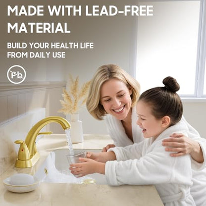 Brushed Gold 4 Inch Centerset 2 or 3 Holes 2 Handle Bathroom Faucet, Bathroom Faucet with Copper Pop Up Drain and Water Supply Lines, BF008-5-BG - color: Brushed Gold, style: 1 Pack