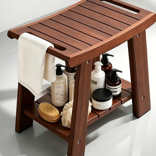 KEGII Teak Shower Bench with Shelf & Handle, Solid Teak Wood Shower Stool for Shaving Legs, Easy Assembly Shower Seat Chair for Shower Storage Shelf, 300lb Capacity (15.75'' 2-Tier)