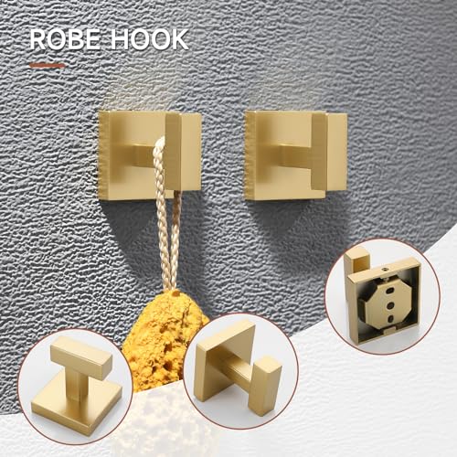TQKAG Brushed Gold Bathroom Hardware Accessories Set 10 Pieces, 23.6" SUS304 Stainless Steel Towel Bar Set Wall Mounted Includes Single Towel Bar, Towel Ring, Toilet Paper Holder, Double Towel Hooks - color: Brushed Gold, size: 10-Pieces Set