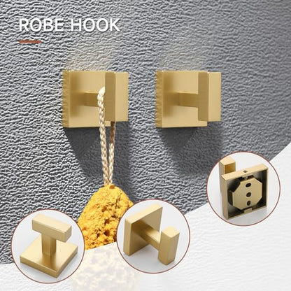 TQKAG Brushed Gold Bathroom Hardware Accessories Set 10 Pieces, 23.6" SUS304 Stainless Steel Towel Bar Set Wall Mounted Includes Single Towel Bar, Towel Ring, Toilet Paper Holder, Double Towel Hooks - color: Brushed Gold, size: 10-Pieces Set