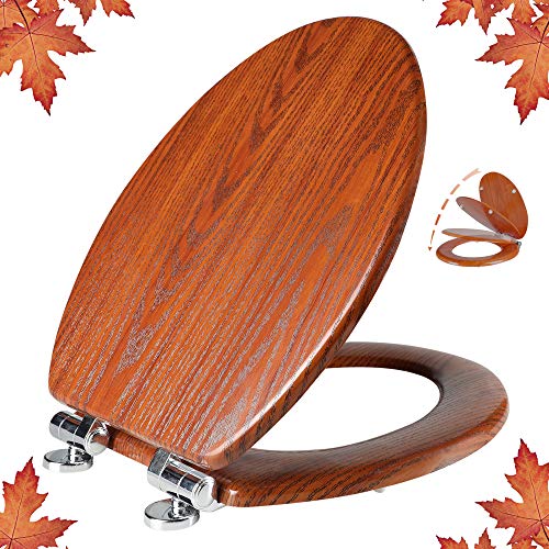 Elongated Toilet Seat Molded Wood Toilet Seat with Quietly Close and Quick Release Hinges, Easy to Install also Easy to Clean by Angol Shiold (Elongated, Brownish Yellow) - color: Brownish Yellow, size: Soft Close Hinge