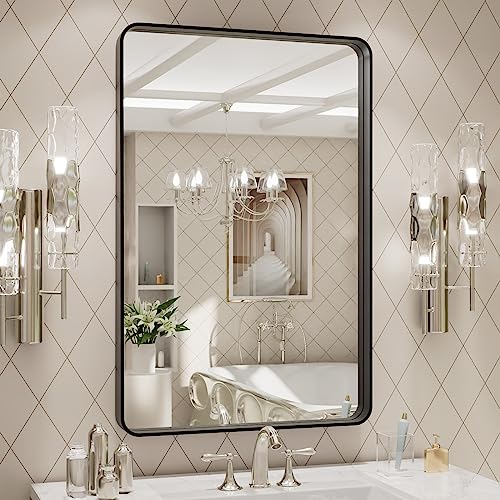 LOAAO 20X30 Inch Black Metal Framed Bathroom Mirror | Matte Black, Rounded Rectangle, Anti-Rust, Hangs Horizontally or Vertically - color: Black, size: 20"L x 30"W