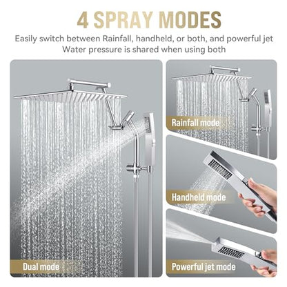 All Metal 10 Inch Rain Shower Head with Handheld Built-in Power Wash Mode, High Pressure Waterfall Rainfall Square Shower Heads with 16" Adjustable Extension Arm, Dual Showerhead(Chrome) - color: Chrome, size: 10 Inch