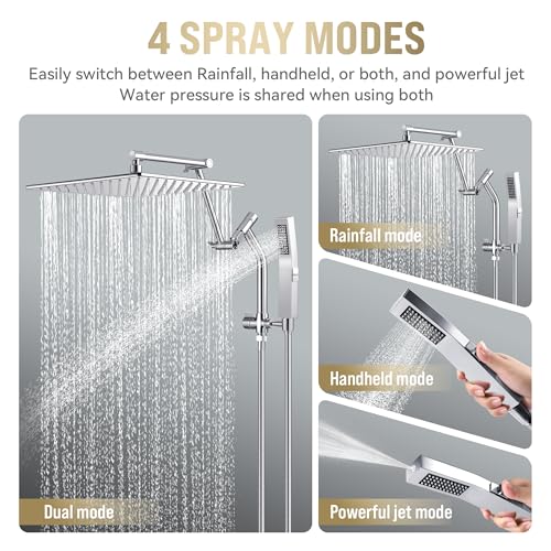 All Metal 12 Inch Rain Shower Head with Handheld Built-in Power Wash Mode, High Pressure Waterfall Rainfall Square Shower Heads with 16" Adjustable Extension Arm, Dual Showerhead(Chrome) - color: Chrome, size: 12 Inch