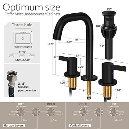 SOKA 8-16 Inch Widespread Bathroom Faucet 2 Handles Matte Black Commercial Sink Touch 3 Pieces Vanity Lavatory 360 Degree Rotating Faucet Pop Up Drain Assembly - color: Matte Black, size: 8" Gooseneck