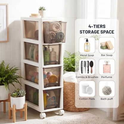 Huwena Plastic Slim 4 Drawers Narrow Storage Cart 28" x 15" x 7.5" Bathroom Narrow Drawer Cabinet with Wheel Container for Small Space Laundry Kitchen Office Bedroom Closets Under Desk