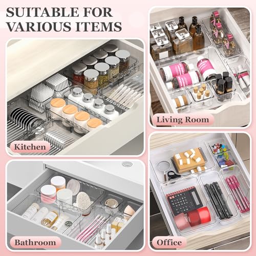DILIBRA 16 Pcs Clear Extendable Drawer Organizer, Adjustable Drawer Storage | 3-Size Desk Drawer Organizer, Plastic Non-Slip Storage Bins for Makeup Cosmetic Jewelries Utensils Stationery Dressers Tool - size: 3Pcs Large + 5Pcs Medium + 8Pcs Small