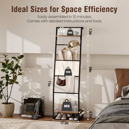 Nuoex Blanket Ladder with Shelf, 6 Layer Wall-Leaning Blanket Rack, Farmhouse Blanket Shelf for Storage and Home Decor, Freestanding Rack for Bathroom, Rustic Brown and Black