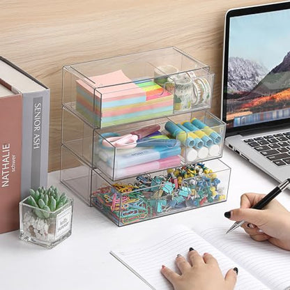 Acrylic Pencil Drawer with Removable Dividers Clear Pull Out Pen Drawer Organizer Stackable Bathroom Organizer for Makeup, Cosmetics, Office Supplies,3 Pack