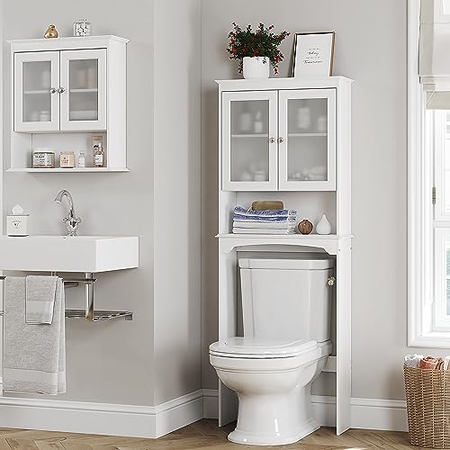 Spirich Over the Toilet Storage Cabinet with Tempered Glass Doors, White | Adjustable Shelf, Frosted Tempered Glass, Anti-Tip Fitting, 33-Inch Clearance for Standard Toilets, Bathroom Space Saver