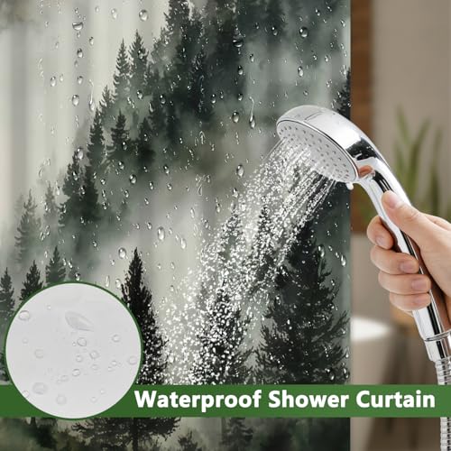 Misty Forest Shower Curtains for Bathroom, No Hook Shower Curtain with Snap in Liner and Sheer Top Window, 71x74 Inches Farmhouse Double Layer Waterproof Bathroom Shower Curtain Sets with Weighted Hem - color: Mountain Forest