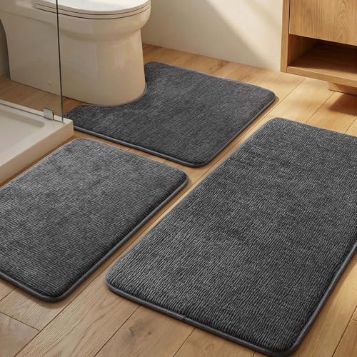 3-Piece Bathroom Rug Set, Dark Grey, Memory Foam, Non-Slip, Quick Dry, Absorbent Bath Mats for Bathroom, Bedroom, Kitchen, Laundry Room - color: Dark Grey, size: 3pieces