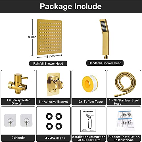 8" High Pressure Square Rain Shower Head And All Metal Handheld Shower, Equipped With 78"Hose, 3 Way Diverter Valve,Adhesive Shower Head Holder, Luxury Shower Combo - color: Gold, size: 8
