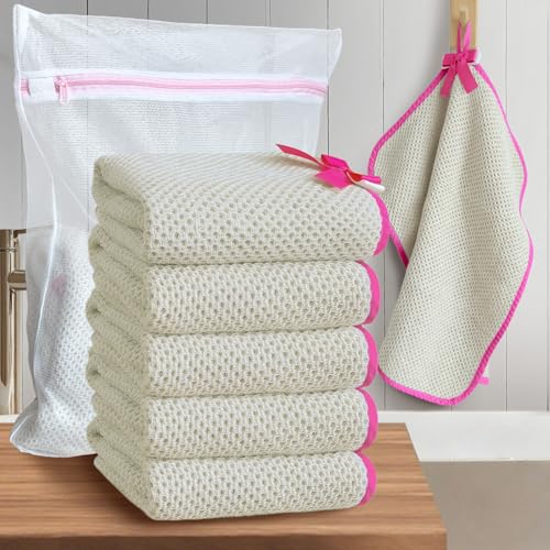 VOOVA & MOVAS Waffle Wash Cloths 6 Pack, 100% Cotton, 16x16 in, Beige | Suitable for Daily Facial Care, Built-in Hanging Loop, Pink Piping, Waffle Weave Construction - color: Pink Piping, size: 6PC Washcloth (16"x16")
