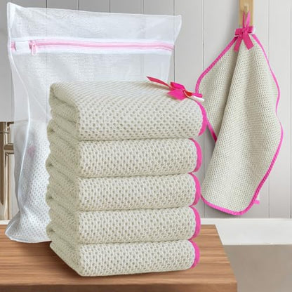 VOOVA & MOVAS Waffle Wash Cloths 6 Pack, 100% Cotton, 16x16 in, Beige | Suitable for Daily Facial Care, Built-in Hanging Loop, Pink Piping, Waffle Weave Construction - color: Pink Piping, size: 6PC Washcloth (16"x16")