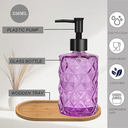12oz Purple Glass Hand and Dish Soap Dispenser Set, Diamond Design, 2 Set | Bathroom Soap Dispenser with Plastic Pumps, Bamboo Tray for Hand Wash & Dish Wash, for Bathroom Kitchen Countertop - color: Purple