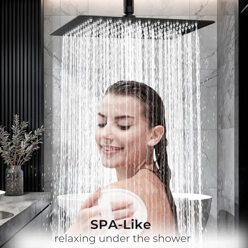 Rain Shower Head, High Flow Stainless Steel Square Rainfall Shower, Waterfall Bath Shower Body Covering, Ceiling or Wall Mount, Ultra Thin (12 Inch, Matte Black) - color: Matte Black, size: 12 Inch