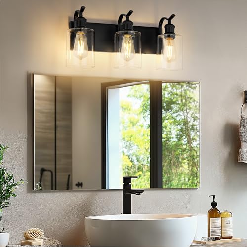 3-Light Black Bathroom Light Fixture Over Mirror, Modern Vanity Light, Clear Glass Wall Sconce, VL01BK-3 - color: Black & Clear Glass, size: 3 LIGHT