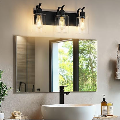 3-Light Black Bathroom Light Fixture Over Mirror, Modern Vanity Light, Clear Glass Wall Sconce, VL01BK-3 - color: Black & Clear Glass, size: 3 LIGHT
