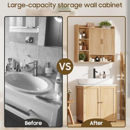 Vabches Fluted Bathroom Wall Cabinet, Wooden Medicine Cabinet Organizer with 2 Doors and Adjustable Shelf, Over The Toilet Storage Cabinet for Laundry Room and Living Room