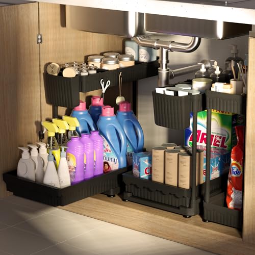 3-Pack 2-Tier L-Shaped Under Sink Organizers with Sliding Drawers | Multi-use kitchen & bathroom storage, 14.85 inch black cabinet organizer, space-saving sliding drawer design. - color: Black, size: 14.85 Inch