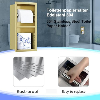 Neodrain Gold Recessed Toilet Paper Holder,Dual Rolls | 304 Stainless Steel,Rustproof & Durable,Space-saving,Recessed double roll tissue holder for Bathroom & RV - color: Gold, size: 6X12In