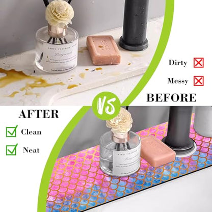 Faucet Mat Sink Splash Guard 23.5"X5.5" | Fish Scales Absorbent Drying Mat Sink Gadgets Splash Guard Behind Faucet Drip Catcher for Kitchen Bathroom 23.5"X5.5" - size: 23.5" x 5.5"