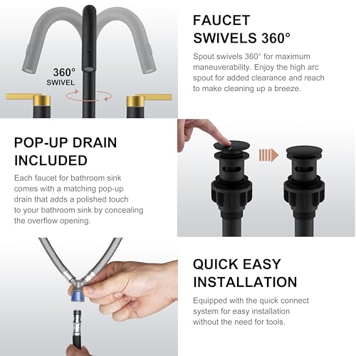 Black and Gold Pull Down Widespread Bathroom Faucet 3 Hole 2 Handle | Pull Out Bathroom Faucet with Pop Up Drain & Supply Lines, Lead-Free cUPC & NSF Certified, 8 Inch Faucet for Vanity RV Sink - color: Black & Gold