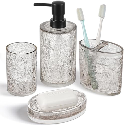 RQYIXI Resin 4-Piece Bathroom Accessories Set, Silver Crackle, Shatterproof | bathroom accessories set clear resin silver ice crackle texture shatterproof unbreakable modern countertop organization - size: 4pcs