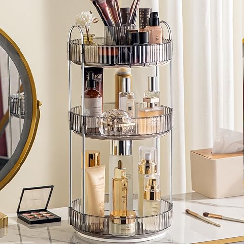 Aveniee 360° Rotating Makeup Organizer for Vanity, Upagraded Perfume Skincare Bathroom Counter Organizers with Brush Divider, 3 Tier Spinning Lipstick Cosmetic Lotion Storage,Grey - color: Suya Grey, size: New-3 Tier