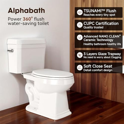 17.3” Elongated Toilet with Soft Close Seat, Two piece Toilets for Bathroom | Nano Self-Cleaning Glaze, 1.27 GPF, Watersensed/ADA/MAP1000/cUPC, Easy to Clean & Install, 12" Rough-In - color: TPT005 - 1.27 GPF single flush