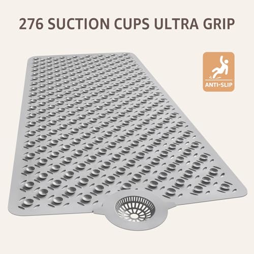 OTHWAY Bath Mat for Tub Non Slip: 39" X 17" Long Bathtub Mat with Hair Catcher│Big Drain Holes Shower Mats for Inside Shower│Machine Washable (Grey) - color: A Gray