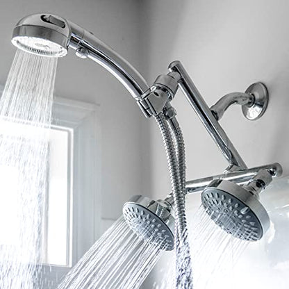 High Pressure Double Shower Heads with Handheld Spray. Adjustable Ball Joint and Detachable Head with Pressure Control Valves for an Enjoyable Spa Bathing Experience.