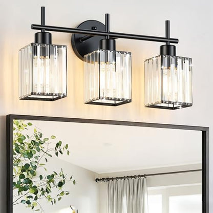 Black Bathroom Light Fixtures, Square, 3-Light | Vanity Lights with Crystal Shades, Modern Bathroom Lighting Fixtures over Mirror (Bulbs Not Included, E26) - color: Black (Square), size: 3-Light