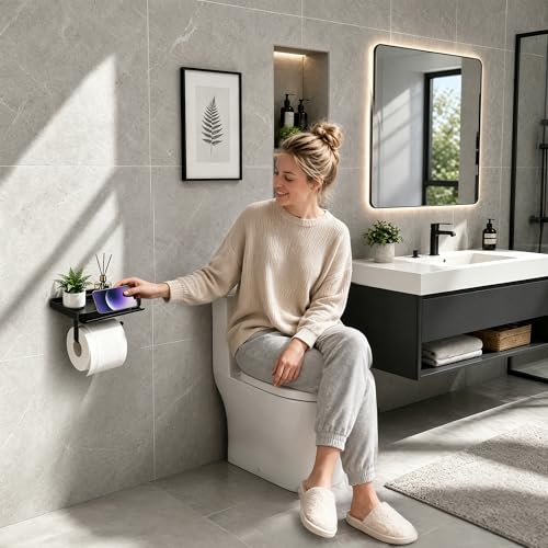 YIGII Toilet Paper Holder with Large Capacity Wide Phone Shelf, Matte Black | Large Wet Wipes Storage, Rustproof Stainless Steel Wall Mount Design for Bathroom, Washroom, Easy Access Organization - color: Deep Black