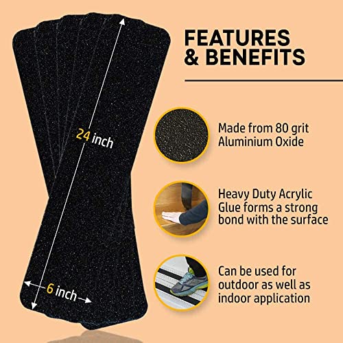 Non-Slip Stair Treads for Wooden Steps, Indoor and Outdoor Grip Tape Black | 10 Pack, 6 x 24 Inches, Waterproof, Concrete Step Use, Strong Non-Skid Traction, Works On All Surfaces, Weather Resistant - size: Black, style: 10 Pack