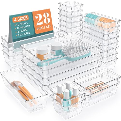 StorMiracle 28 PCS Clear Plastic Drawer Organizers Set, 4 Size Desk Drawer Organizer Trays for Makeup, Jewelry, Kitchen Utensils, Gadgets and Office Accessories | 4 Size Desk Drawer Organizer Trays for Makeup, Jewelry, Kitchen Utensils, Gadgets and Office