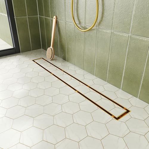 Neodrain 24-Inch Gold Linear Shower Drain Tile-in Cover Hidden Linear Drain | Brushed Gold 24" Shower Floor Drain 304 Stainless Steel Trench Drain Easy to Clean & Hair Catcher, Bathroom drain - color: Gold, size: 24 IN