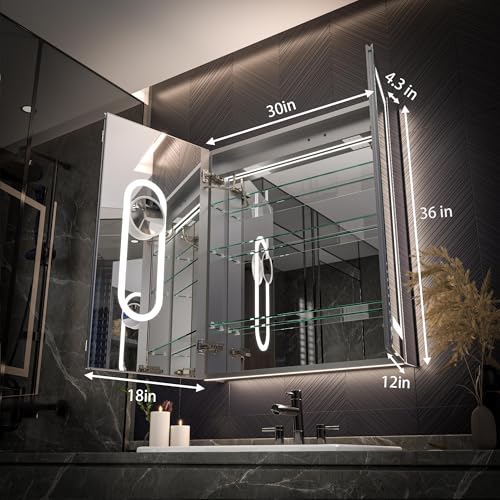 Luxury 30" Wall-Mounted LED Bathroom Medicine Cabinet, Outlets, Anti-Fog | Surface-Mount/Recessed, Double-Sided Mirror Cabinet, 3 Color Temp, DTC Silent-Close Hinges, Adjustable Tempered Glass Shelfs - size: 30"W x 36"H