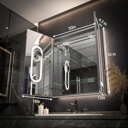 Luxury 30" Wall-Mounted LED Bathroom Medicine Cabinet, Outlets, Anti-Fog | Surface-Mount/Recessed, Double-Sided Mirror Cabinet, 3 Color Temp, DTC Silent-Close Hinges, Adjustable Tempered Glass Shelfs - size: 30"W x 36"H