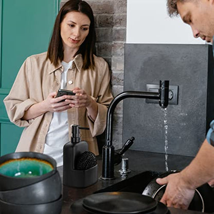 Dish Soap Dispenser - Kitchen Soap Dispenser with Sponge Holder Matte Ceramic Soap Daddy Dispenser 20oz for Kitchen (Matte Black) - color: Matte Black