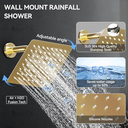 Shower System with Body Jets, Bostingner 4 Way Shower Faucet with 2 in1 Handheld,Ceiling Mount 10 Inch Shower Head and 6 Inch Shower Head,4Pcs Body Jets With Dual Head Shower Set Brushed Gold - color: Gold, size: 6+10 inch