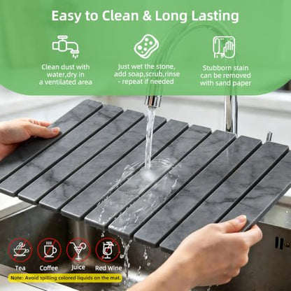 Large Stone Dish Drying Mat for Kitchen Counter, 24"×16" Foldable Quick Drying Mat, Absorbent Diatomaceous Earth Drying Mat for Bottles Cups Dishes, Match Any Countertop (Dark Gray Marble, 24" x 16") - color: Dark Gray Marble