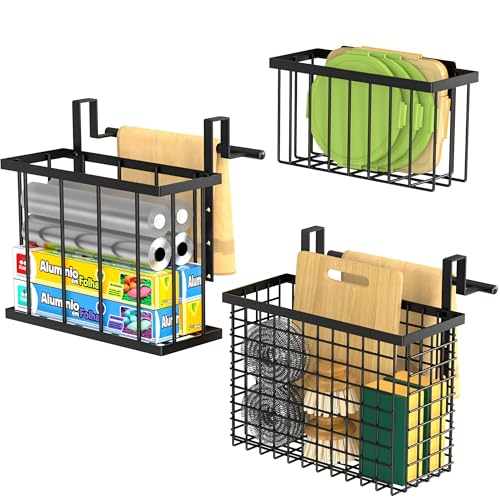 DTUQYX 3 Pack Over Cabinet Door Organizer - Adjustable Cabinet Door Organizer with Towel Rack,Hanging Over the Door Organizer for Cutting Board, Plastic Wrap, Aluminum Foil, Cleaning Supplies, Baking