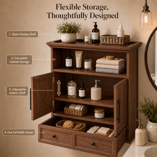 24" Wall Mounted Bathroom Storage Cabinet with Adjustable Shelf, Open Shelf, Double Doors and Full-Width Drawer, Farmhouse Floating Cabinet for Over Toilet,Walnut