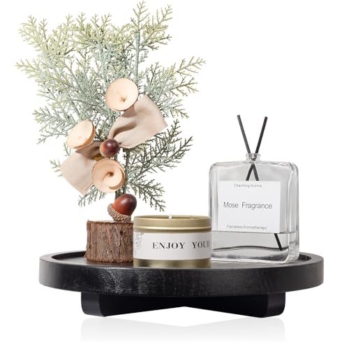 Round Decorative Tray Farmhouse Kitchen Decor Soap Dish, 9" Black | Waterproof, Lightweight, Easy Clean, Wood Riser Pedestal Stand Accessories for Office Desk, Vanity, Counter, Sink - color: Black, size: 9"