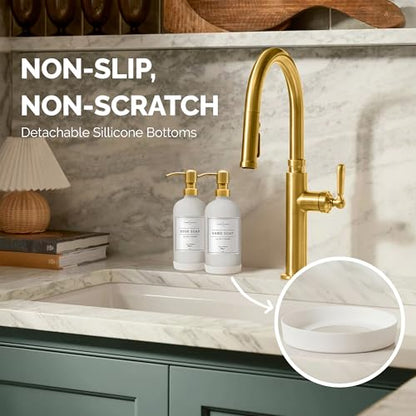 Vine Creations Glass Soap Dispenser, 2 Pack Kitchen Soap Dispenser Set with Stainless Steel Pump, 16 oz Dish Soap and Hand Soap Dispensers for Bathroom with Waterproof Labels (White) - color: Matte White Bottle / Gold Pump