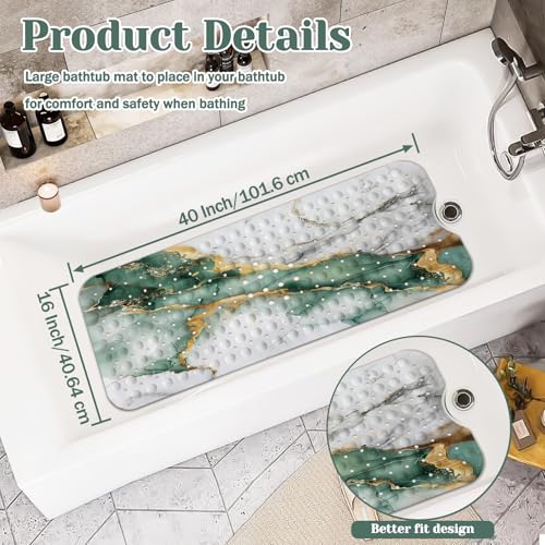 Marble Bath Tub Mat Non Slip, Green Gold Marble Non Slip Bath Mat for Shower, Large Washable Shower mats for Showers with Drain Holes and Suction Cups,40 X 16 Inch - color: Green Marble